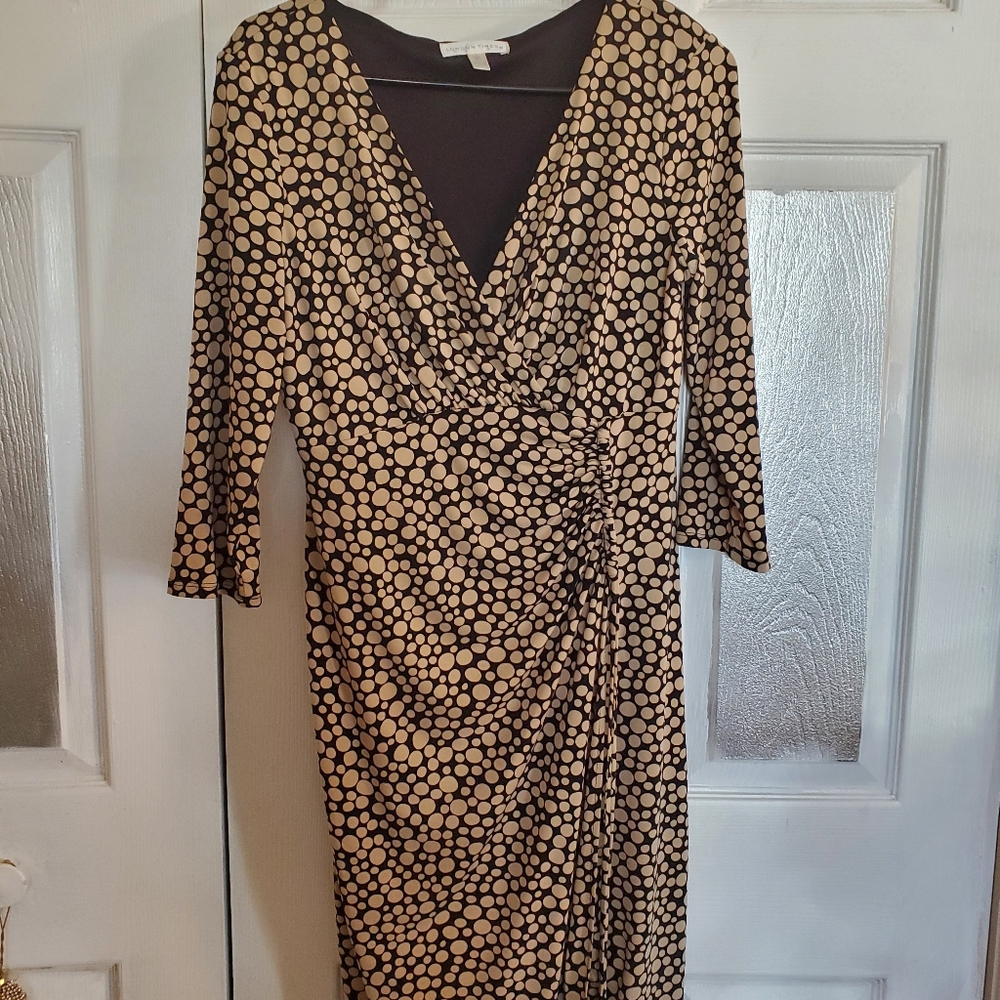 London Times Dress Black/ Tan Polka Dot S 10
